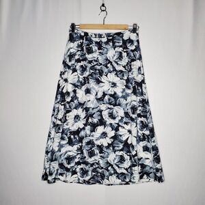 Vtg Inclinations Midi Skirt Women‎ 8P Black Blue Monochrome Floral Cottagecore